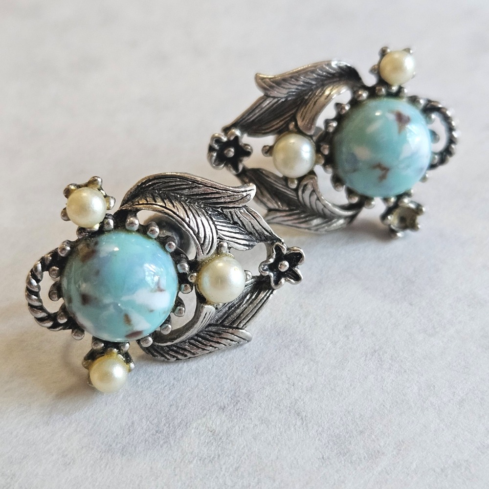 Vintage Silver Tone Screw Back Earrings Blue Faux Turquoise Pearl Leaf Floral